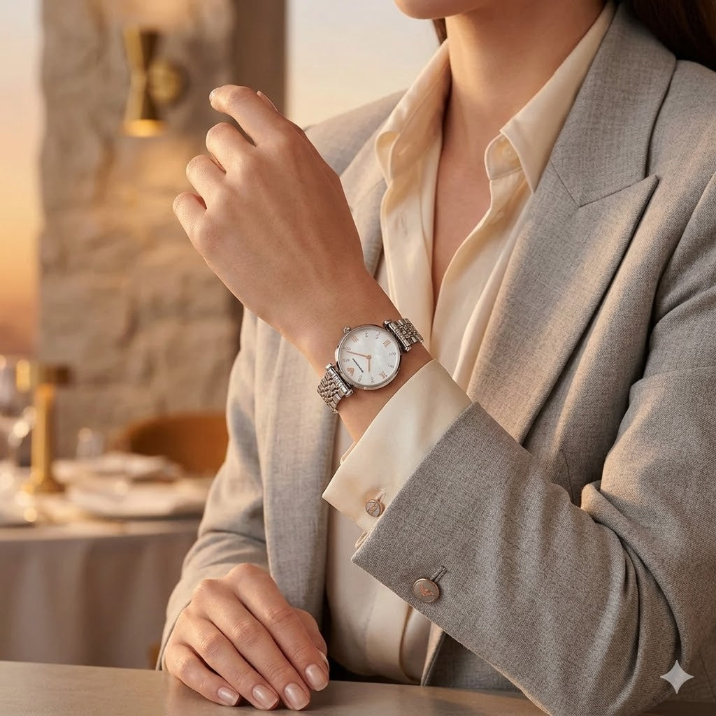Female model wearing Emporio Armani Gianni T-Bar silver watch for an elegant everyday look