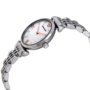Right side profile view of the slim 8mm silver-tone case on the Emporio Armani AR11204