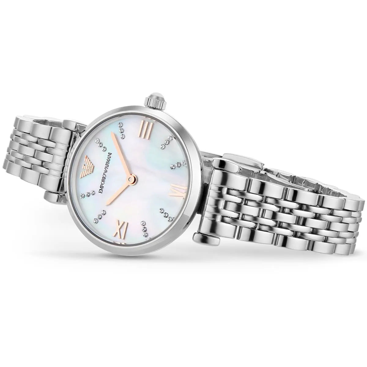 Silver watch with a detailed face on a white background