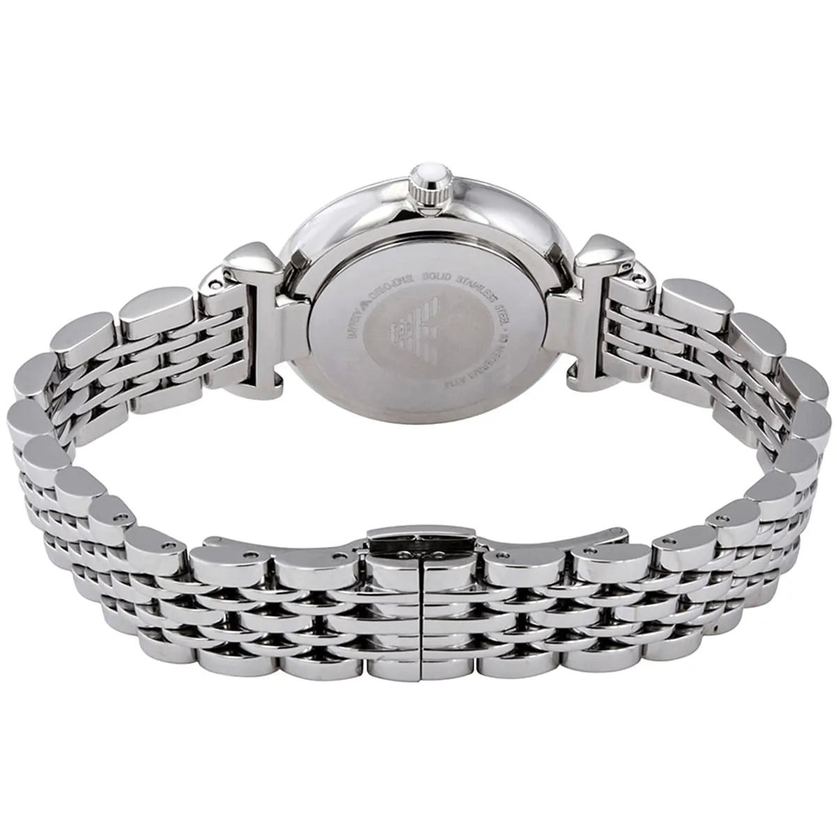 Stainless steel case back view of the Emporio Armani AR11204 showing logo and model details