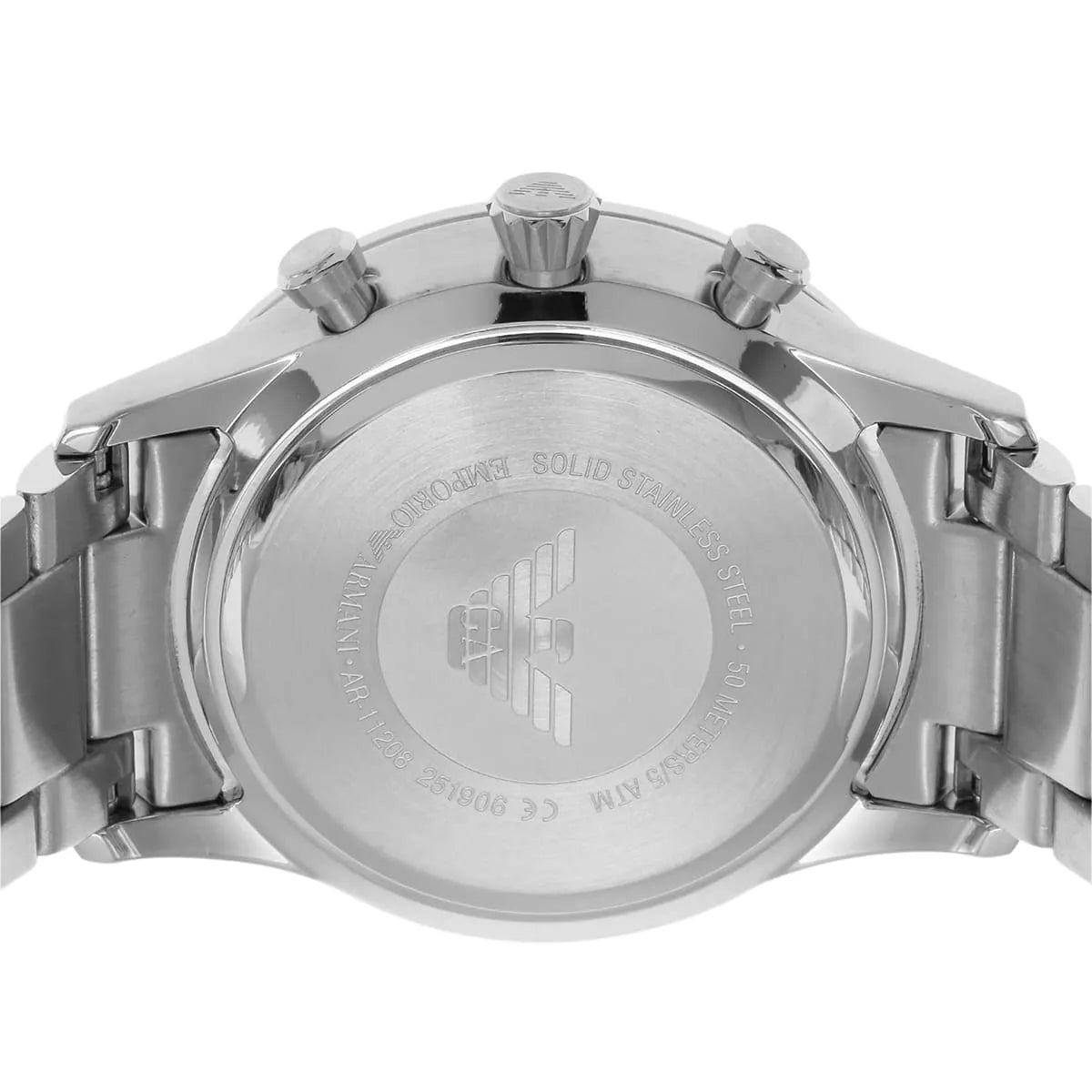 Back case of Emporio Armani AR11208 with engraved eagle logo and serial number