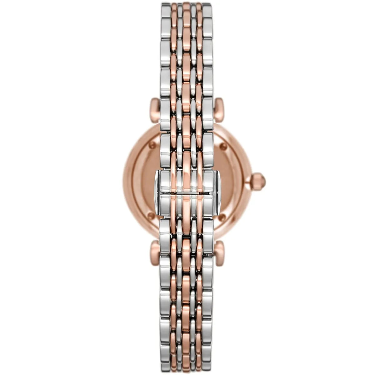 Two-tone watch with rose gold and silver band on a white background