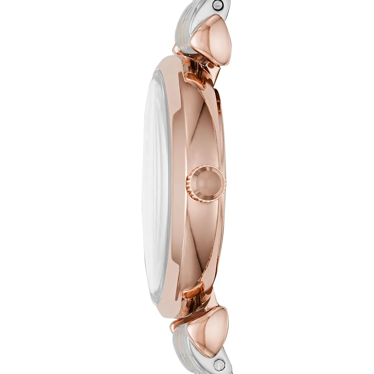 Angled front view of AR11223 highlighting the beautiful pink dial and sleek two-tone metal strap