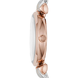 Angled front view of AR11223 highlighting the beautiful pink dial and sleek two-tone metal strap