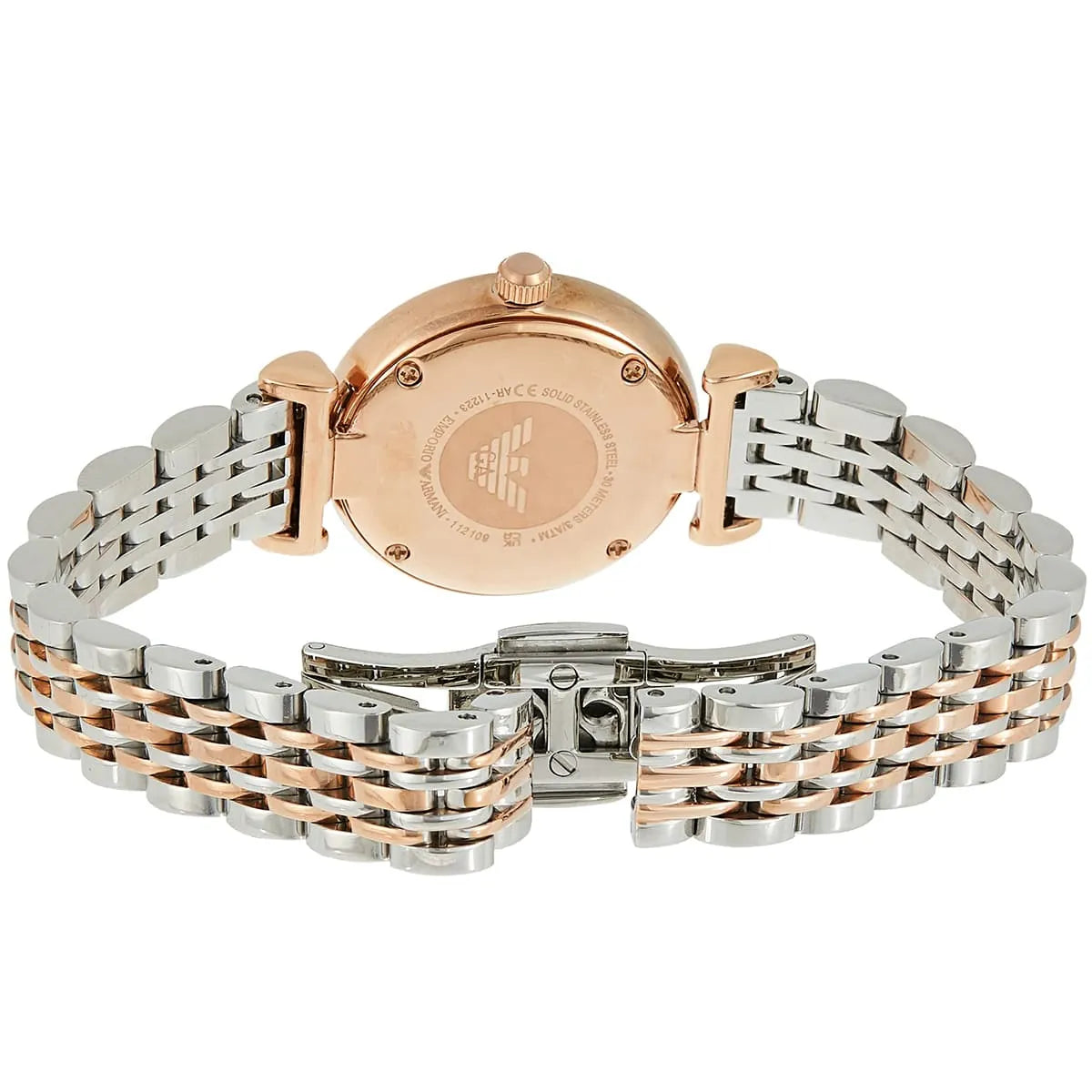 Two-tone watch with rose gold and silver band on a white background