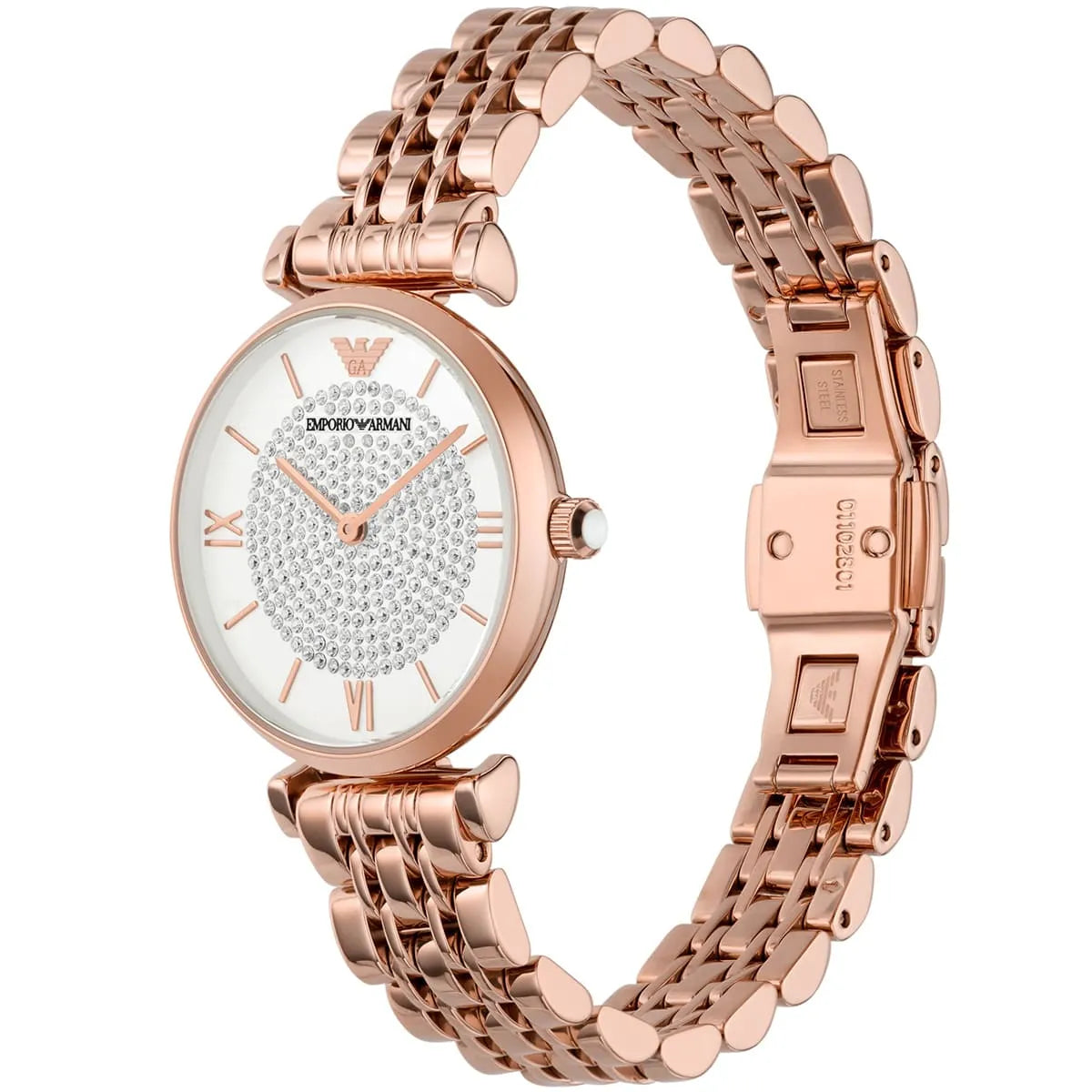Right side profile view of the slim 8mm rose gold-tone case on the Emporio Armani AR11244