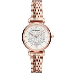 Emporio Armani Gianni T-Bar AR11244 women watch with rose gold round case and full crystal pave dial