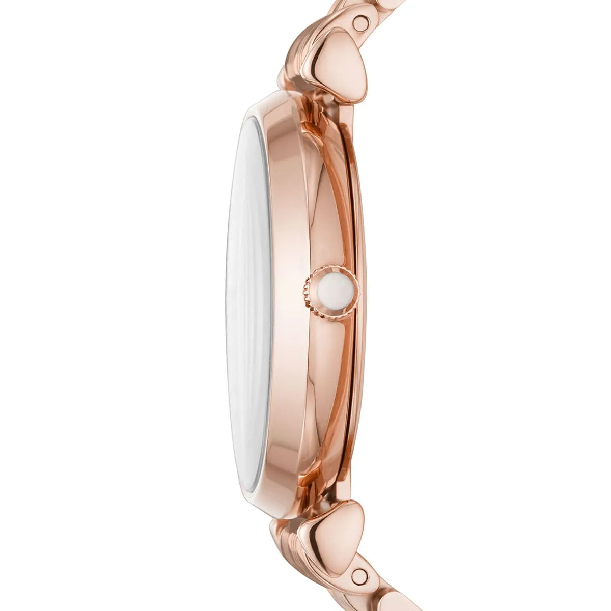 Angled front view of AR11244 highlighting the beautiful crystal dial and sleek metal strap