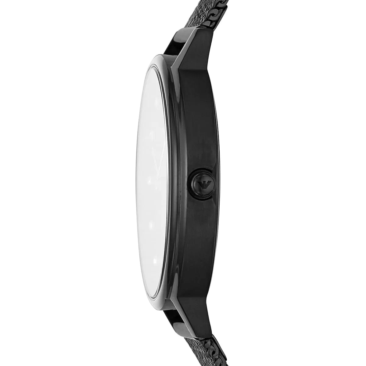 Side view of Emporio Armani AR11252 slim black case and mesh strap connection