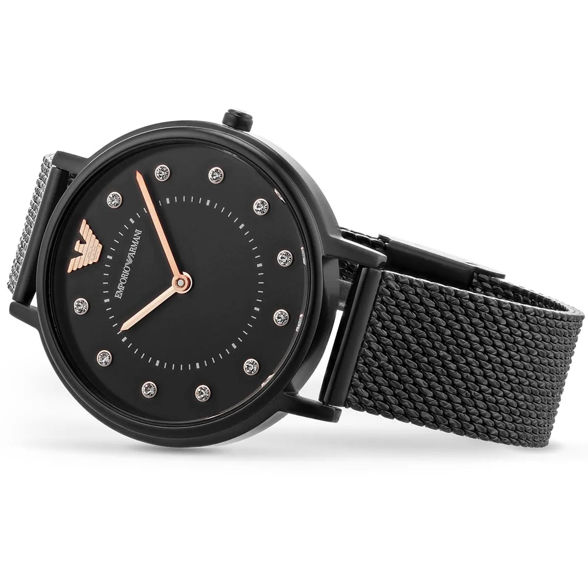 Angled shot of AR11252 showing light reflection on the black sunray dial