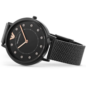 Angled shot of AR11252 showing light reflection on the black sunray dial