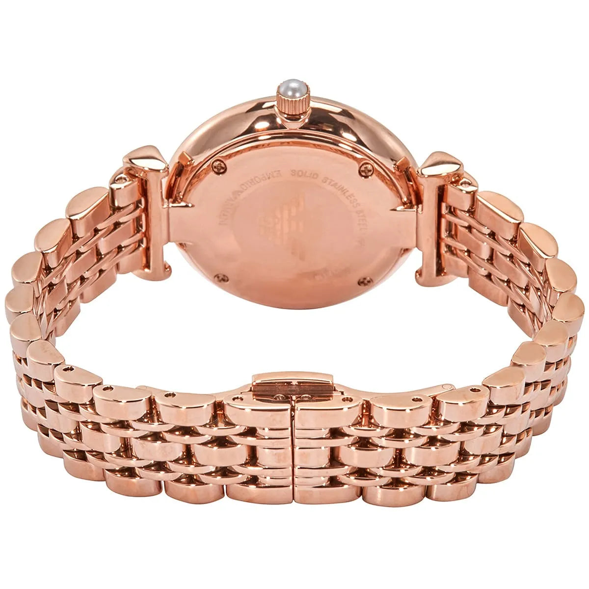 Inside view of the secure folding buckle and case back on the Armani women's watch