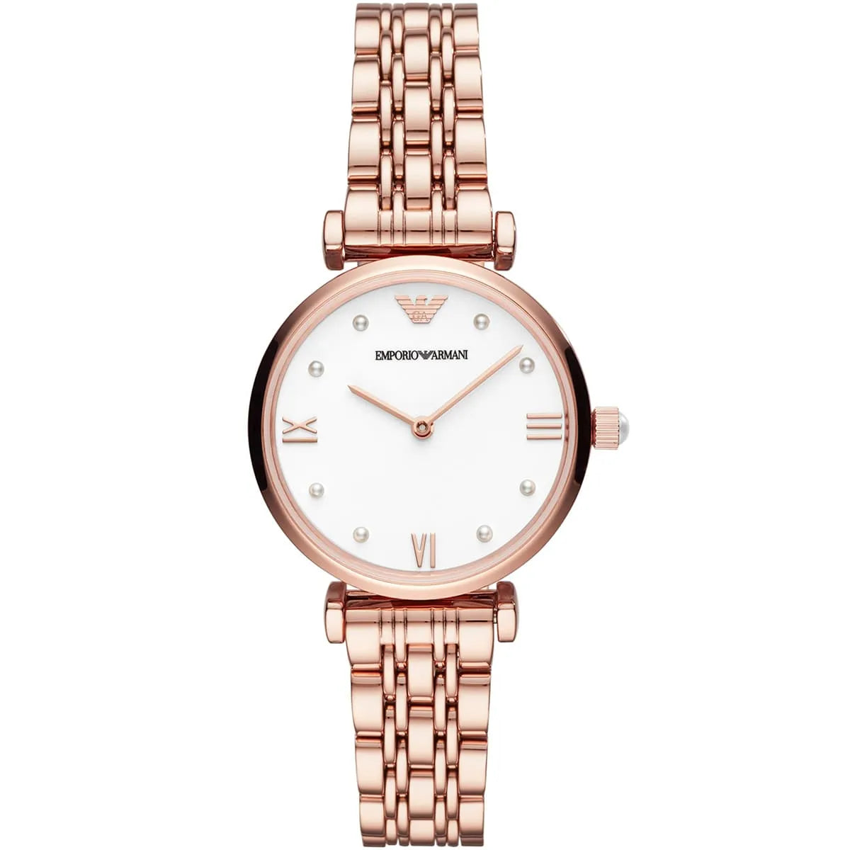 Emporio Armani Gianni T-Bar AR11267 women watch with rose gold round case and white dial