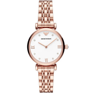 Emporio Armani Gianni T-Bar AR11267 women watch with rose gold round case and white dial