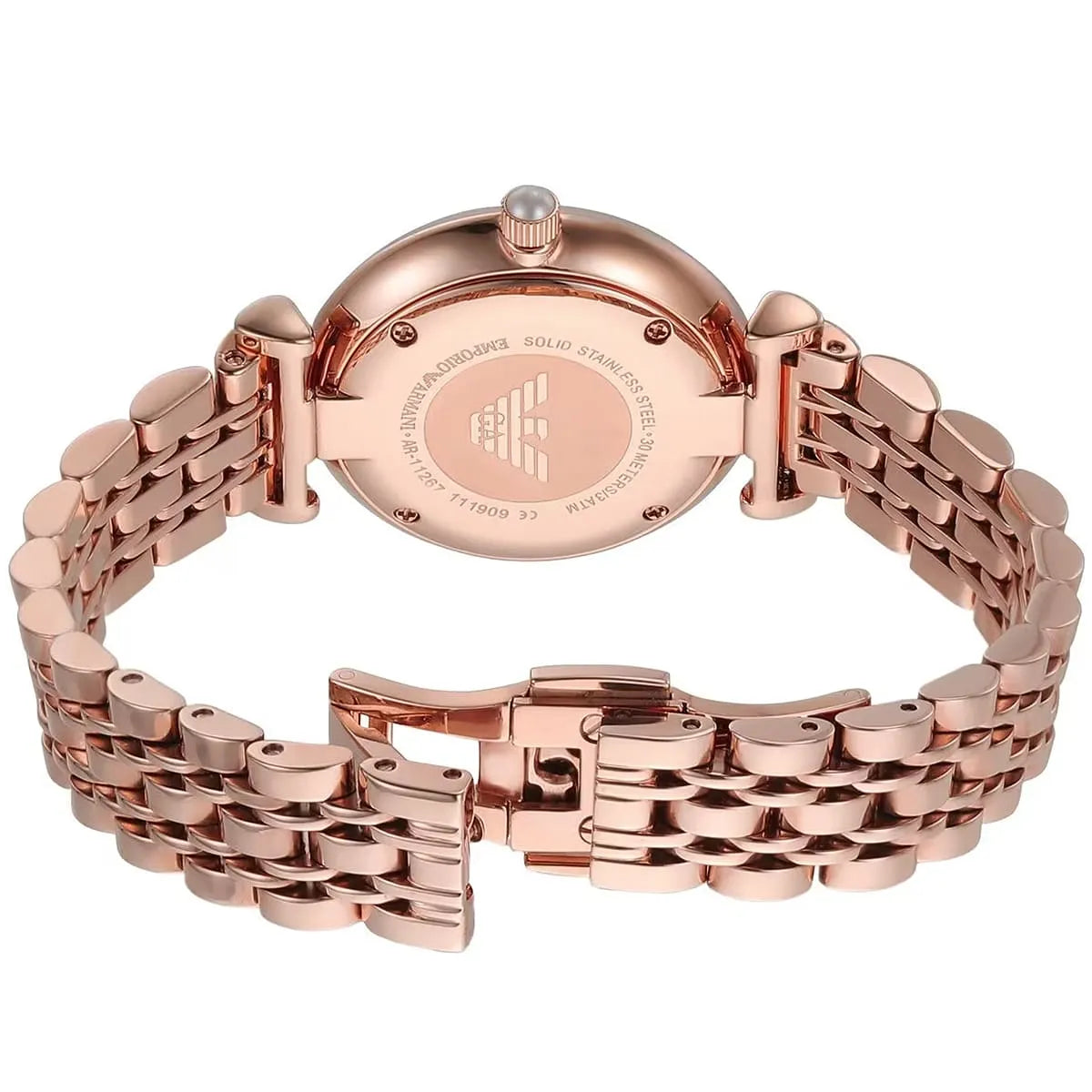 Inside view of the secure folding buckle and case back on the Armani women's watch