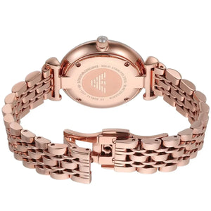 Inside view of the secure folding buckle and case back on the Armani women's watch