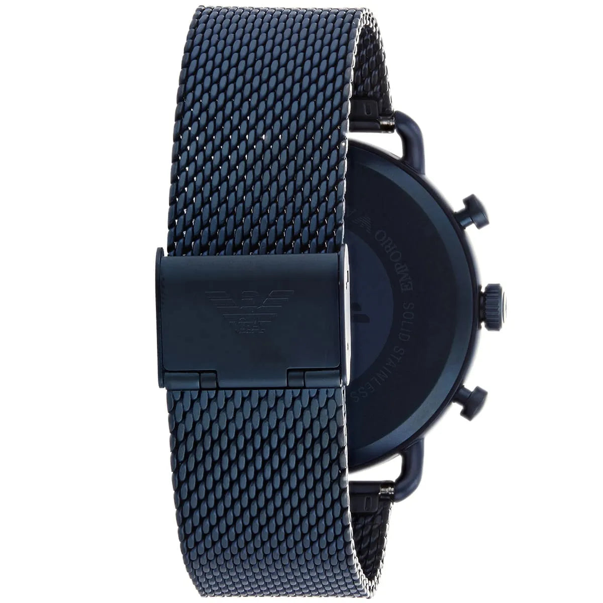 Blue stainless steel case back of Emporio Armani AR11289 with engraved eagle