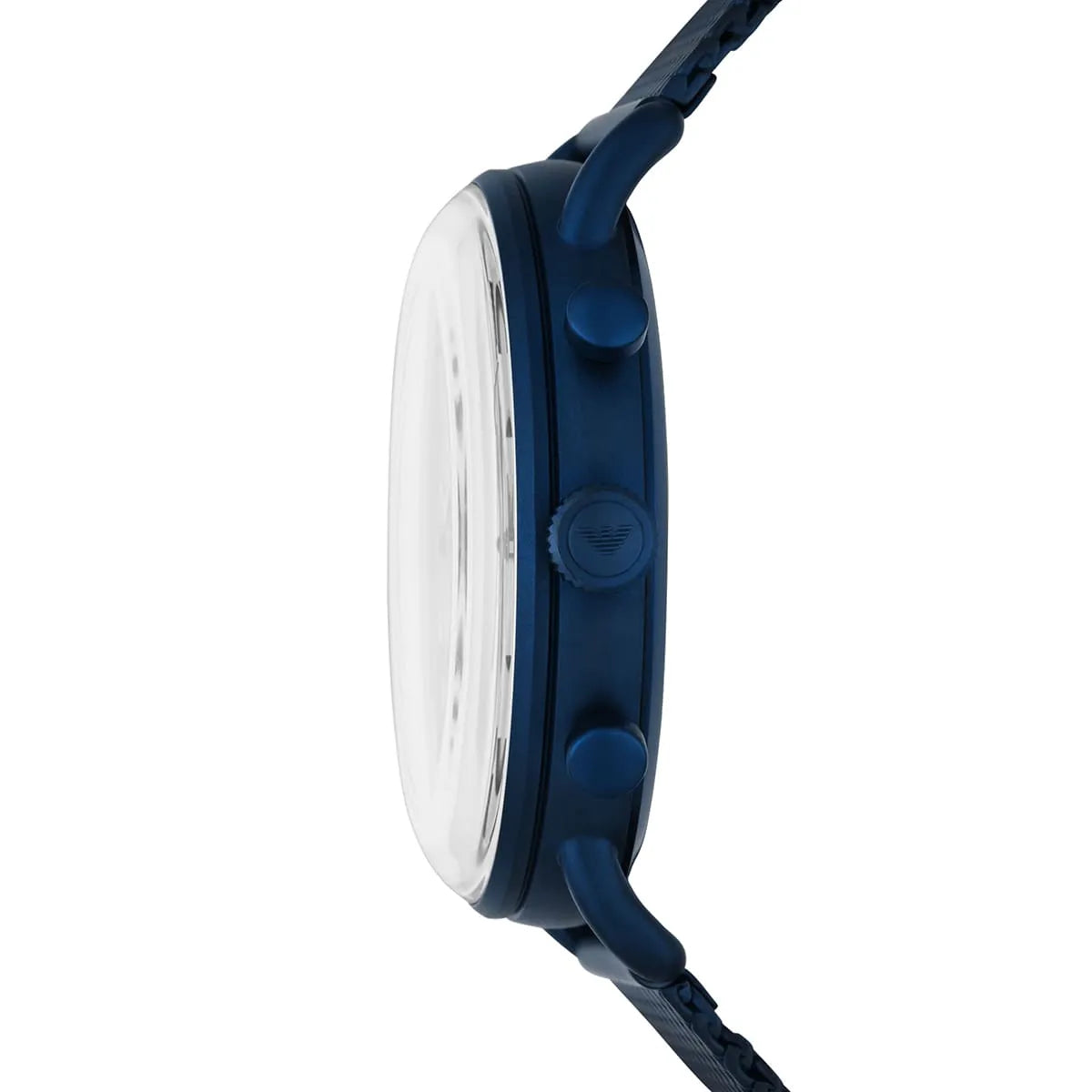 Side view of Emporio Armani AR11289 blue ion-plated case crown and pushers