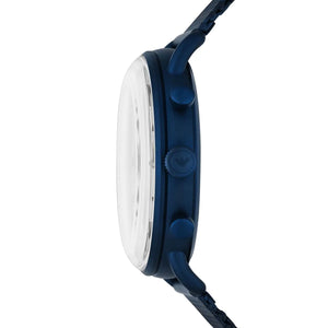 Side view of Emporio Armani AR11289 blue ion-plated case crown and pushers