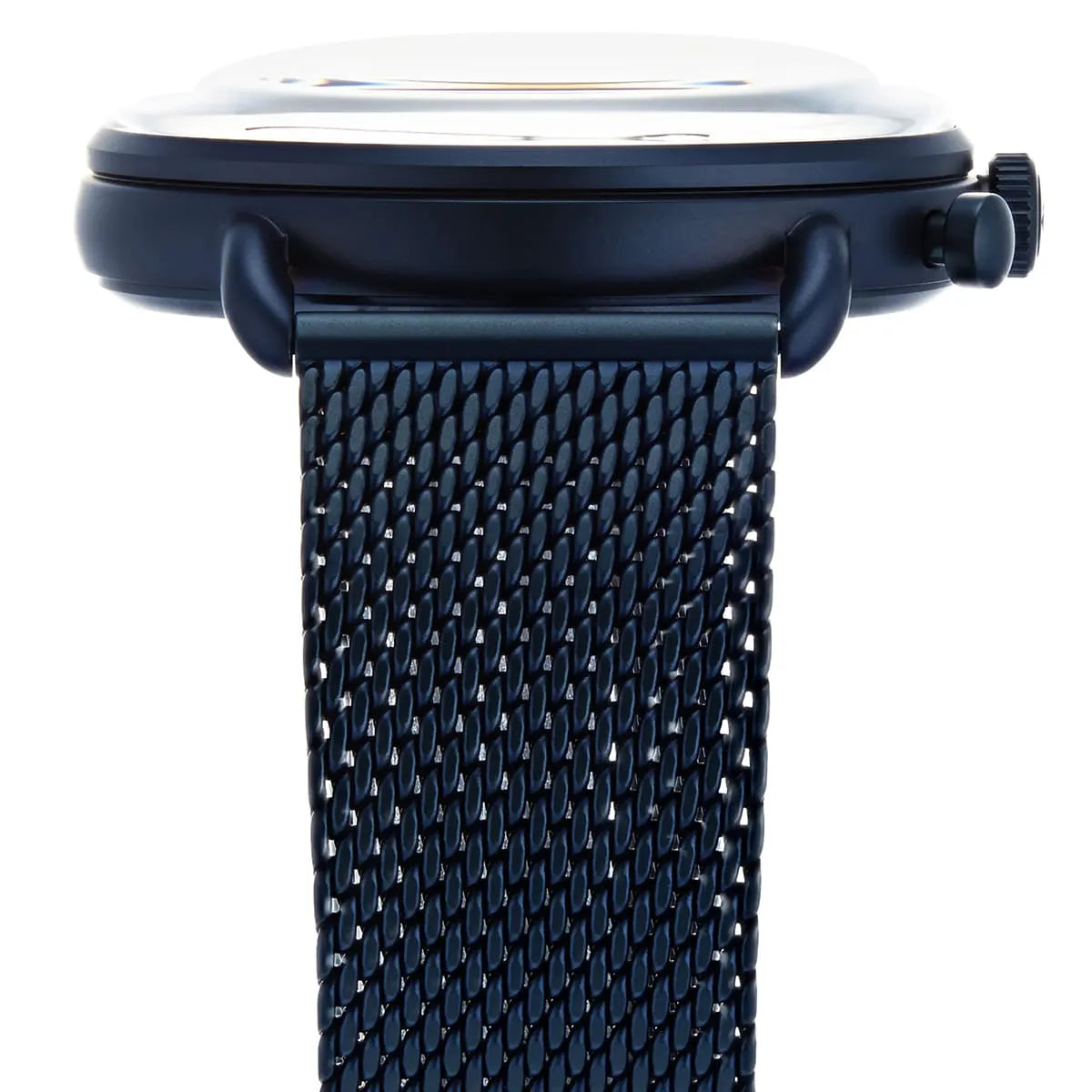 Side view of Emporio Armani AR11289 blue ion-plated case crown and pushers