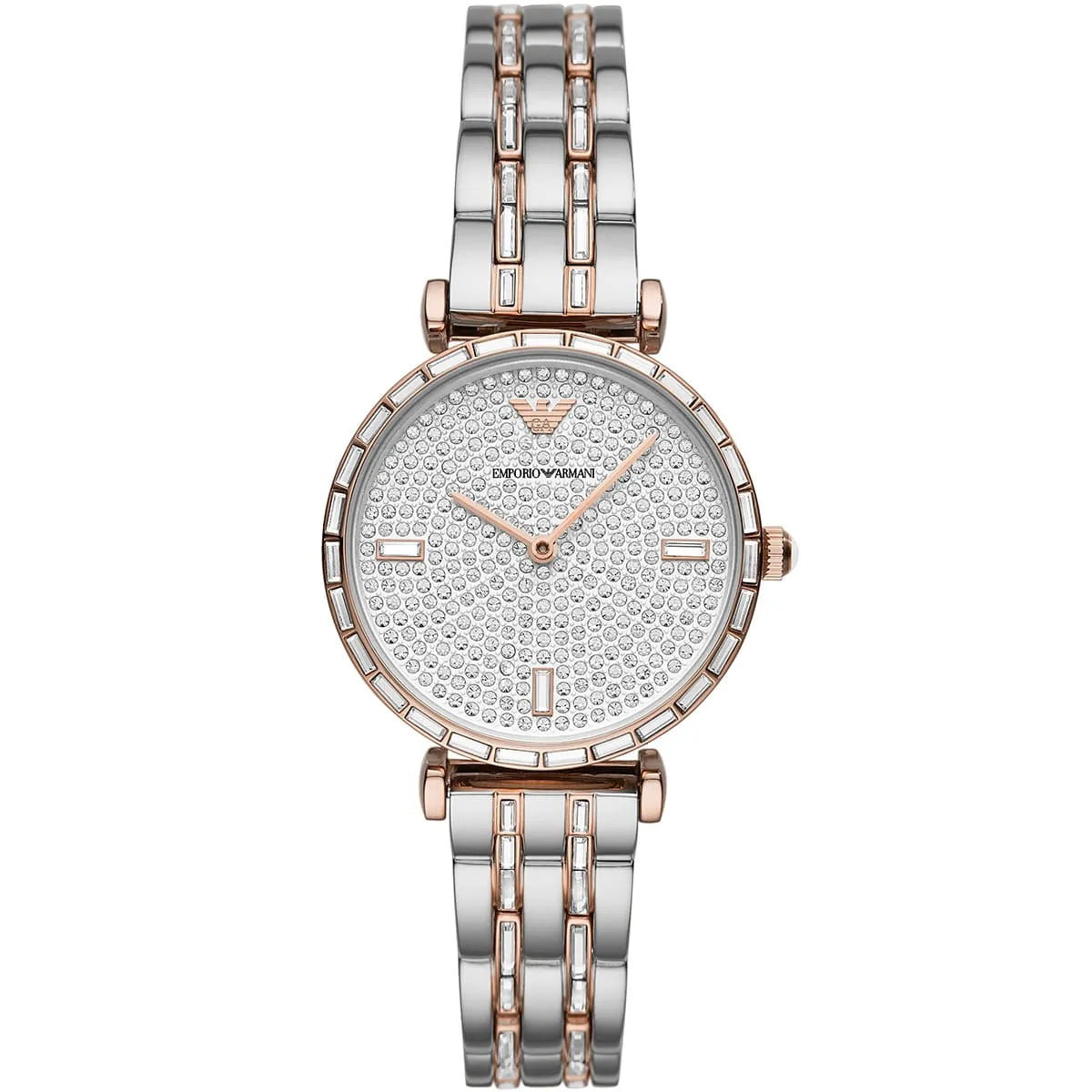 Emporio Armani AR11293 Women’s Crystal Dial Two-Tone Silver Rose Gold Stainless Steel Gianni T-Bar Watch - Luxury Hub Store