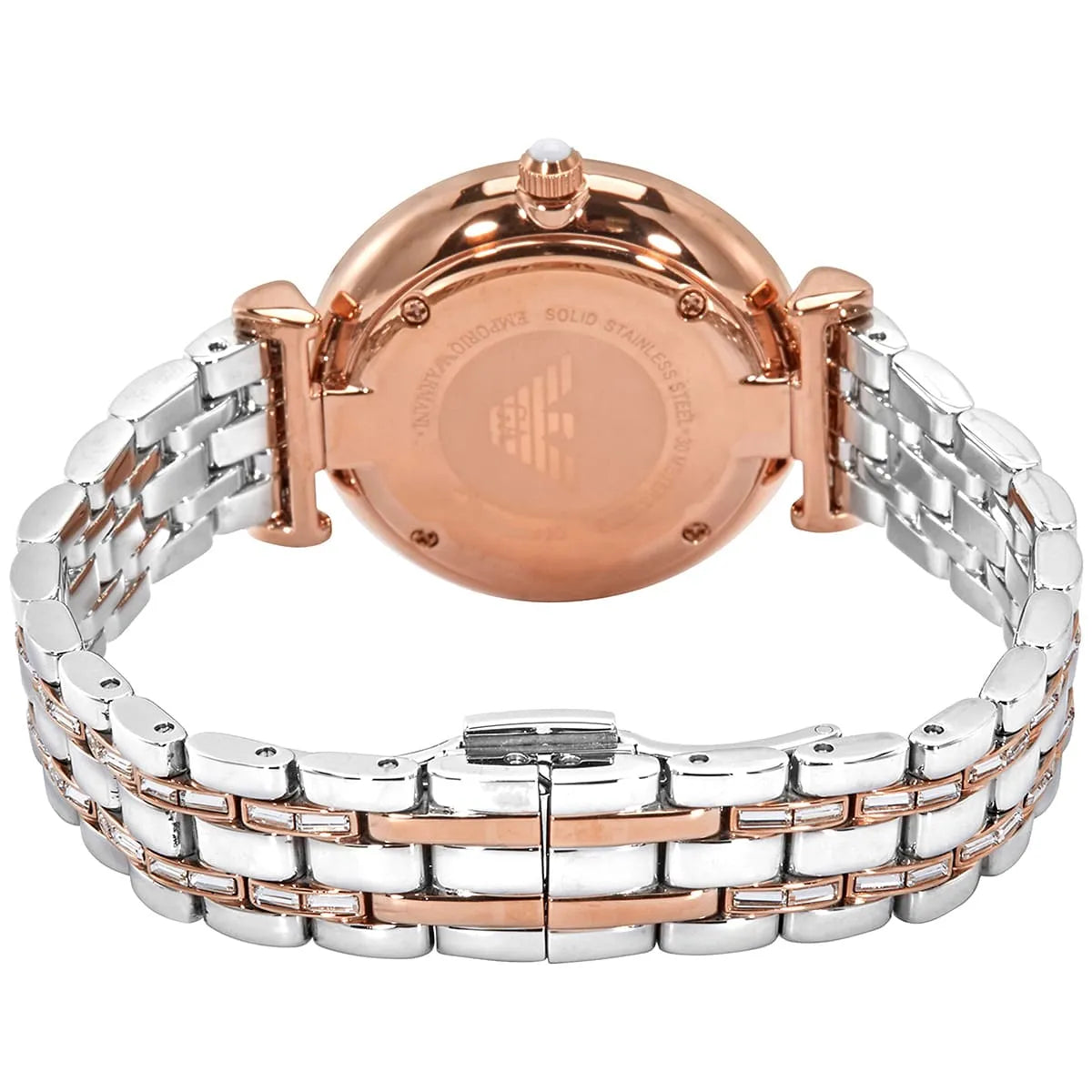 Emporio Armani AR11293 Women’s Crystal Dial Two-Tone Silver Rose Gold Stainless Steel Gianni T-Bar Watch - Luxury Hub Store