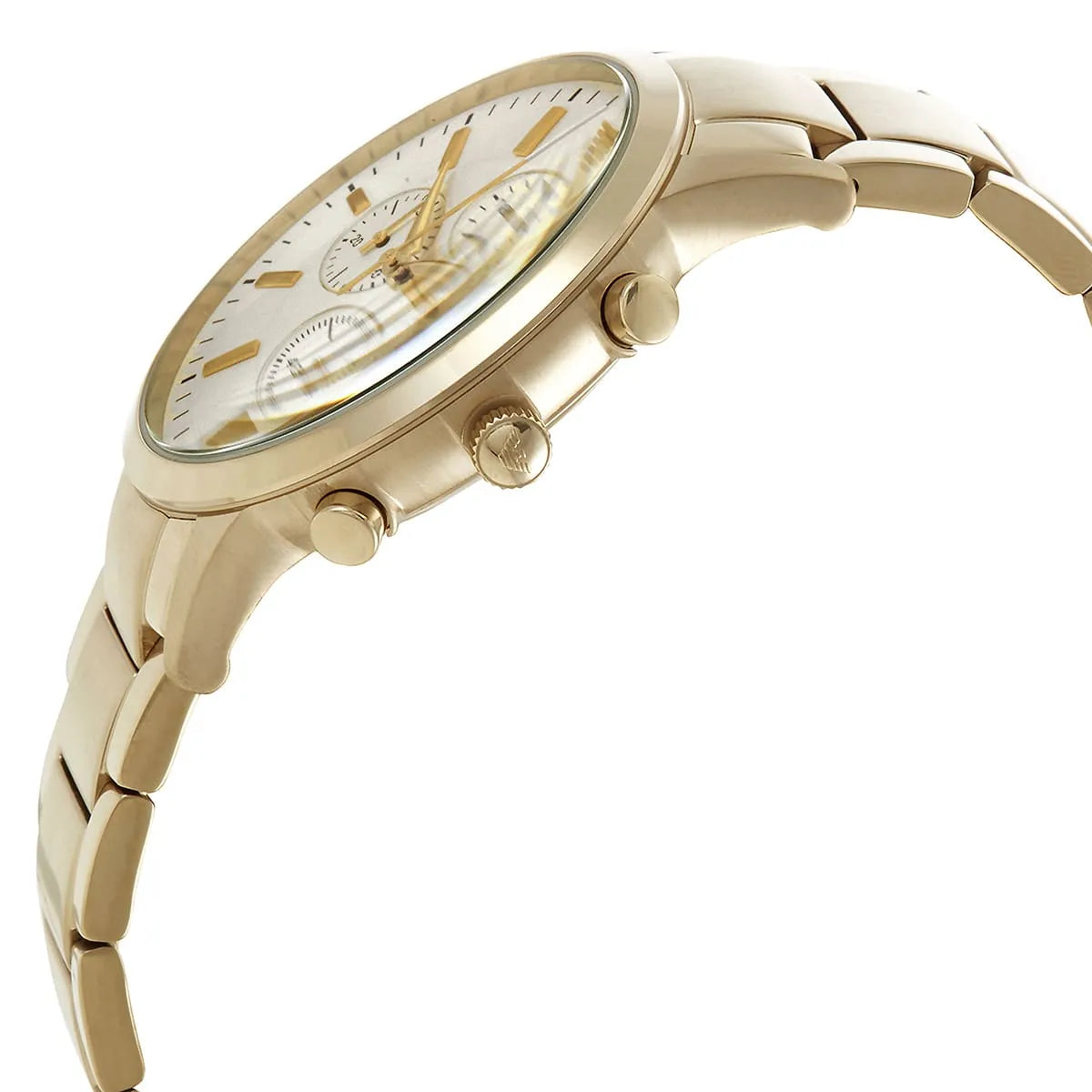 Side view of Emporio Armani AR11332 gold case crown and chronograph pushers