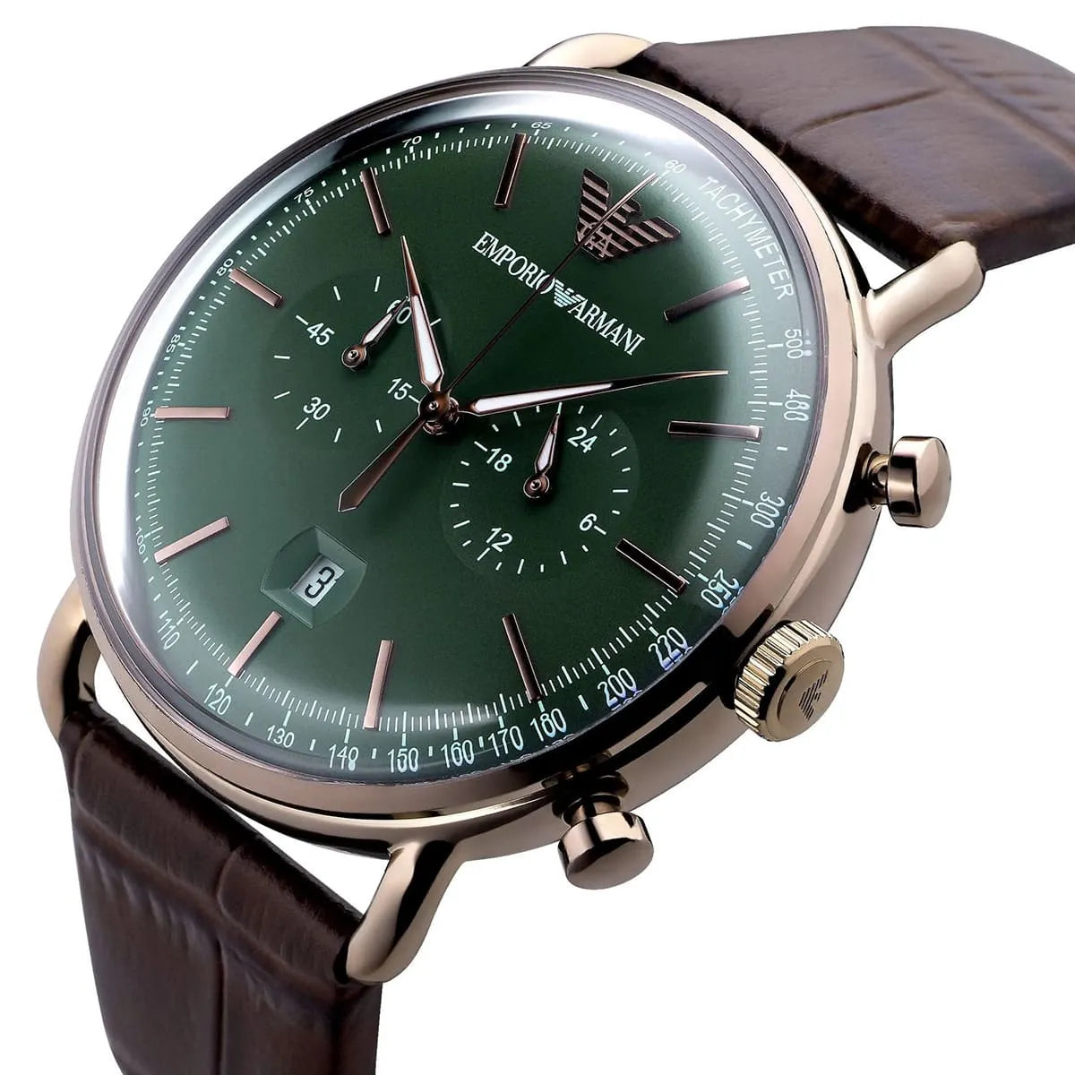 Emporio Armani AR11334 Men’s Green Dial Brown Leather Aviator Chronograph Watch - Luxury Hub Store
