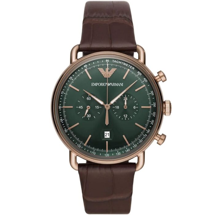 Emporio Armani AR11334 Men’s Green Dial Brown Leather Aviator Chronograph Watch - Luxury Hub Store