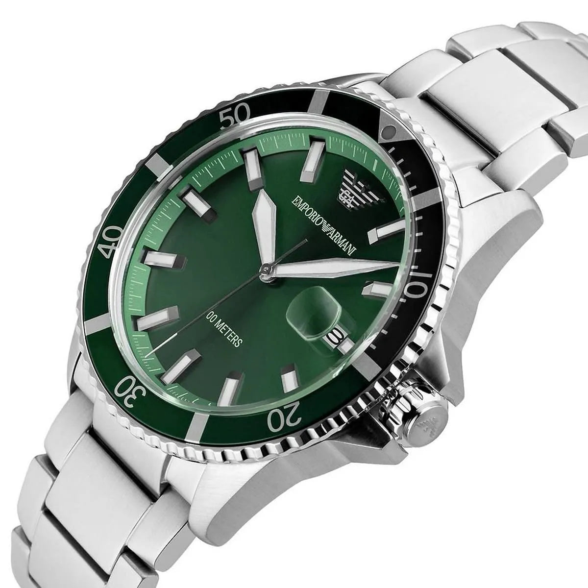 Angled front view of Emporio Armani AR11338 showing the rotating green diver bezel