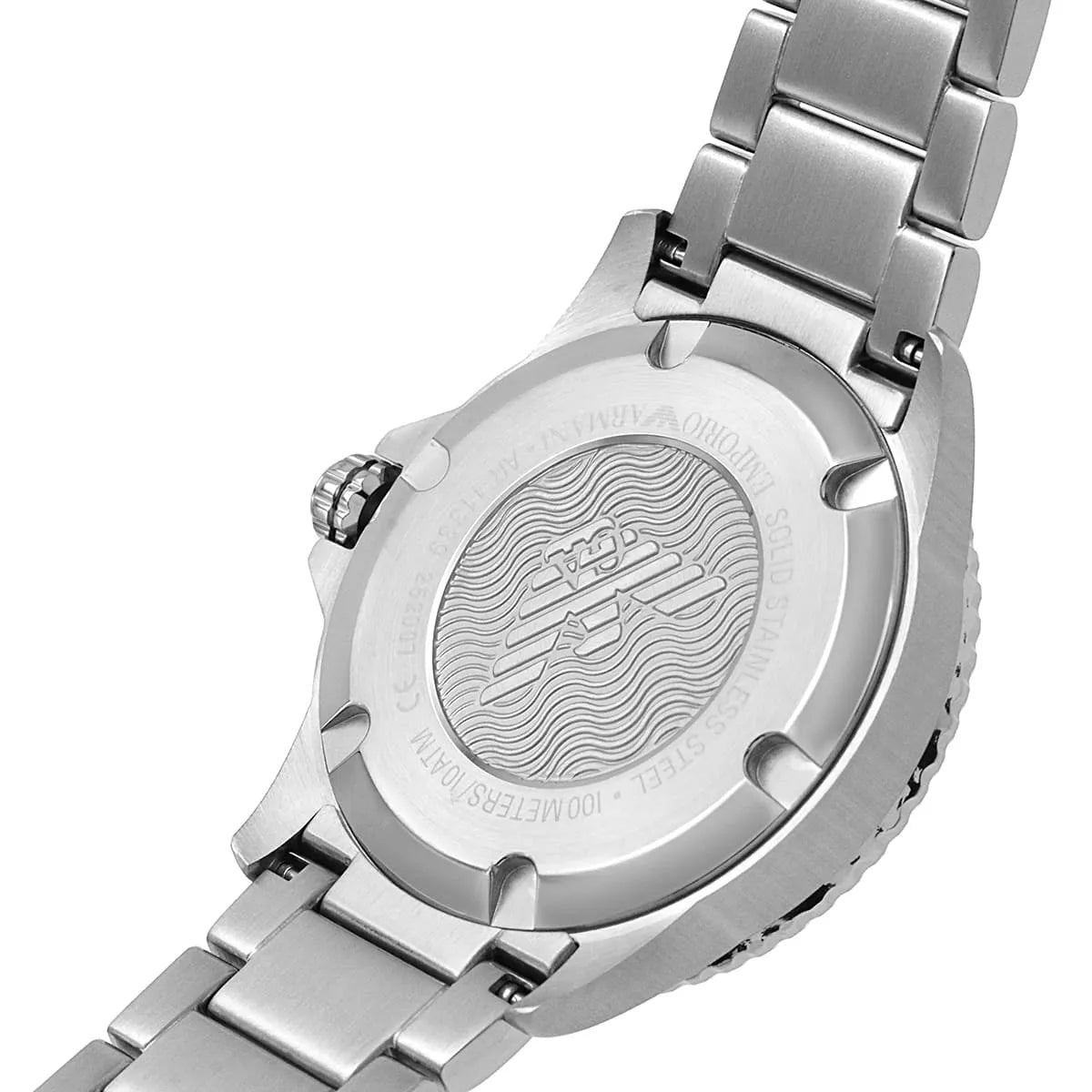 Back case of Emporio Armani AR11339 showing 100 meters water resistance