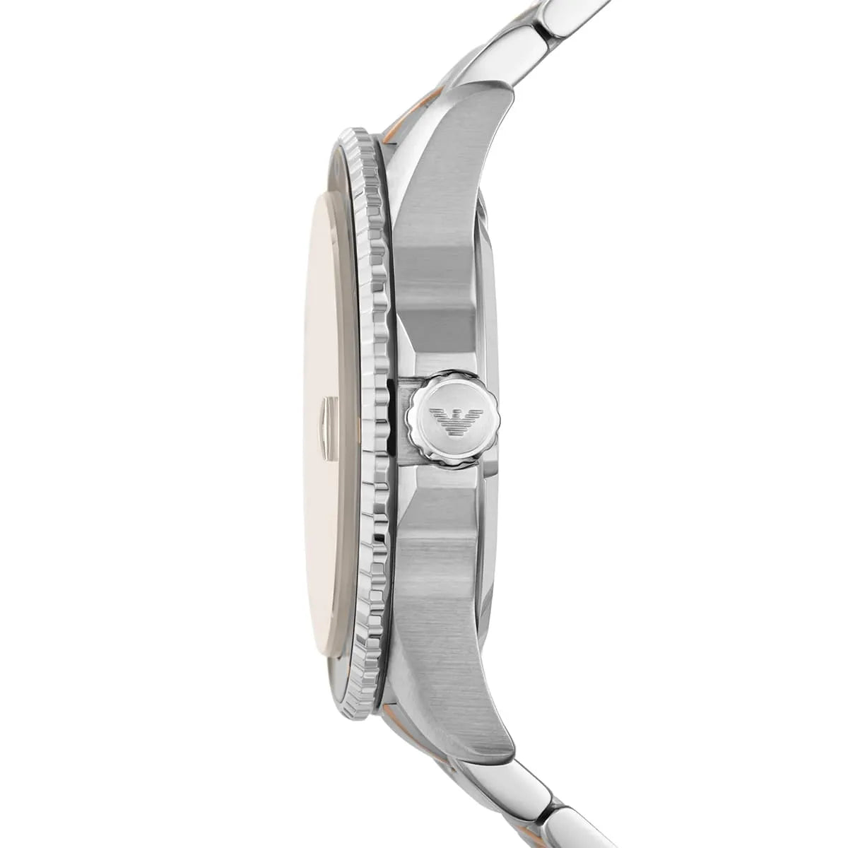 Side view of Emporio Armani AR11340 showing silver crown and rotating bezel
