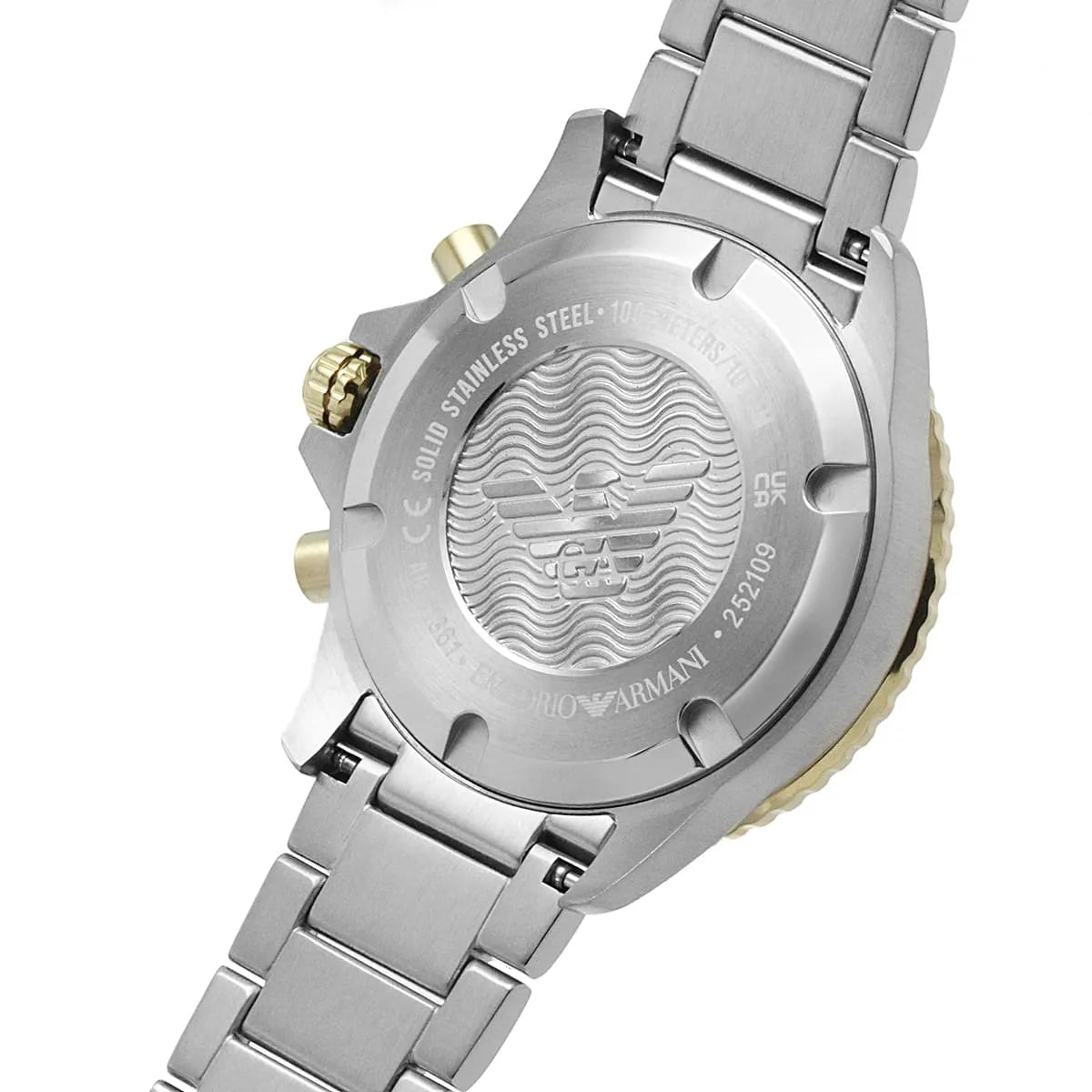 Back case of Emporio Armani AR11361 with engraved eagle logo and serial number