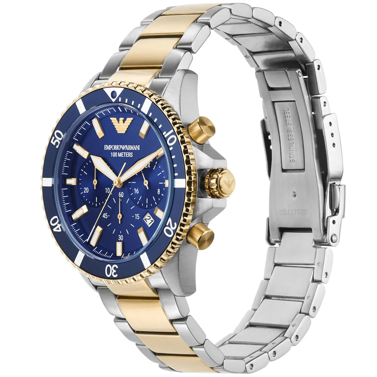 Angled front view of Emporio Armani AR11362 showing the rotating blue diver bezel