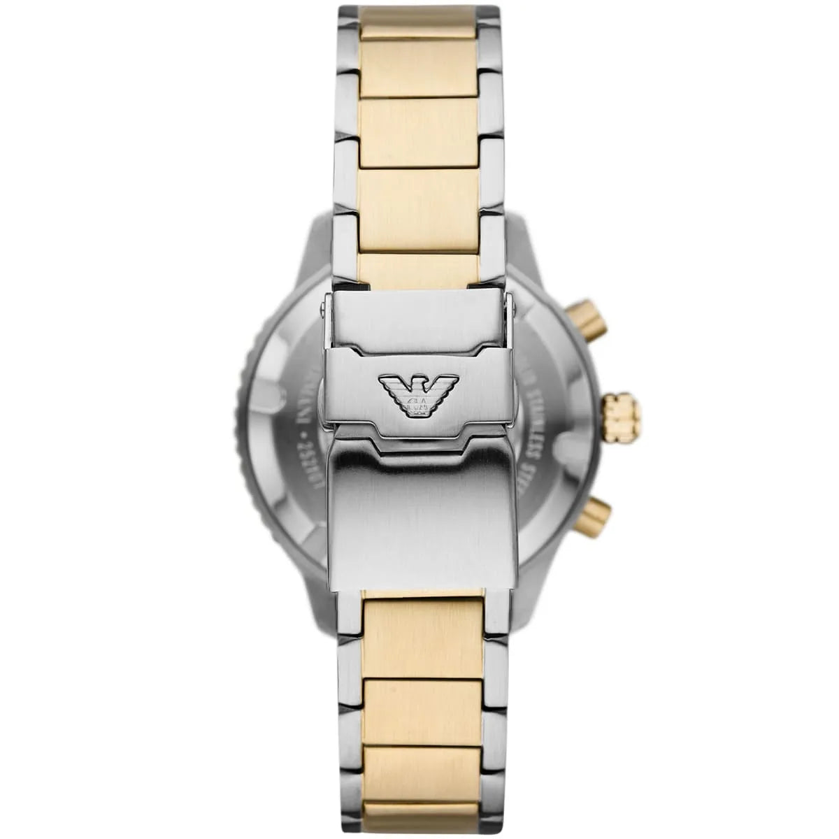 Back case of Emporio Armani AR11362 showing 100 meters water resistance and eagle logo