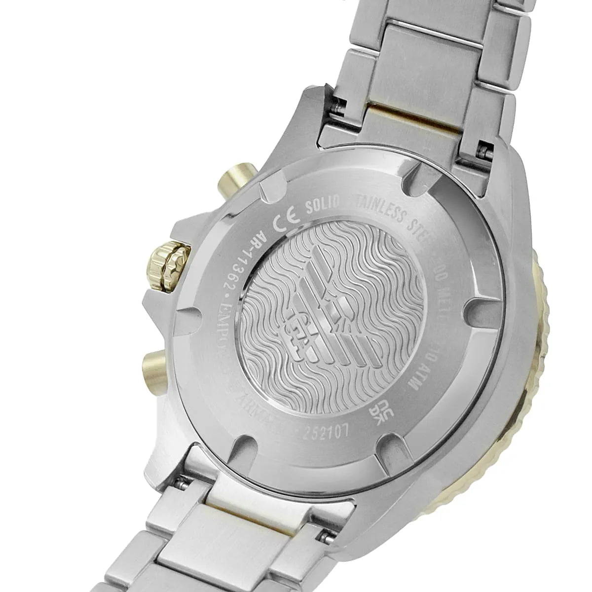 Back case of Emporio Armani AR11362 showing 100 meters water resistance and eagle logo