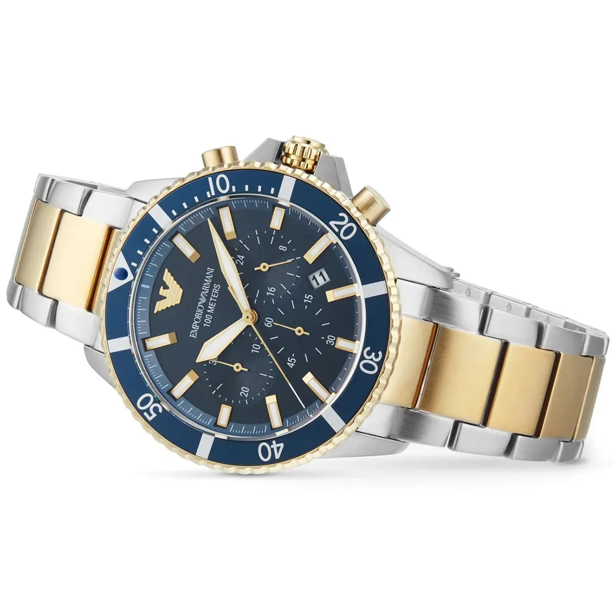 Angled front view of Emporio Armani AR11362 showing the rotating blue diver bezel