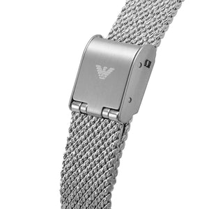 Inside view of the secure sliding buckle and case back on the Armani women's watch