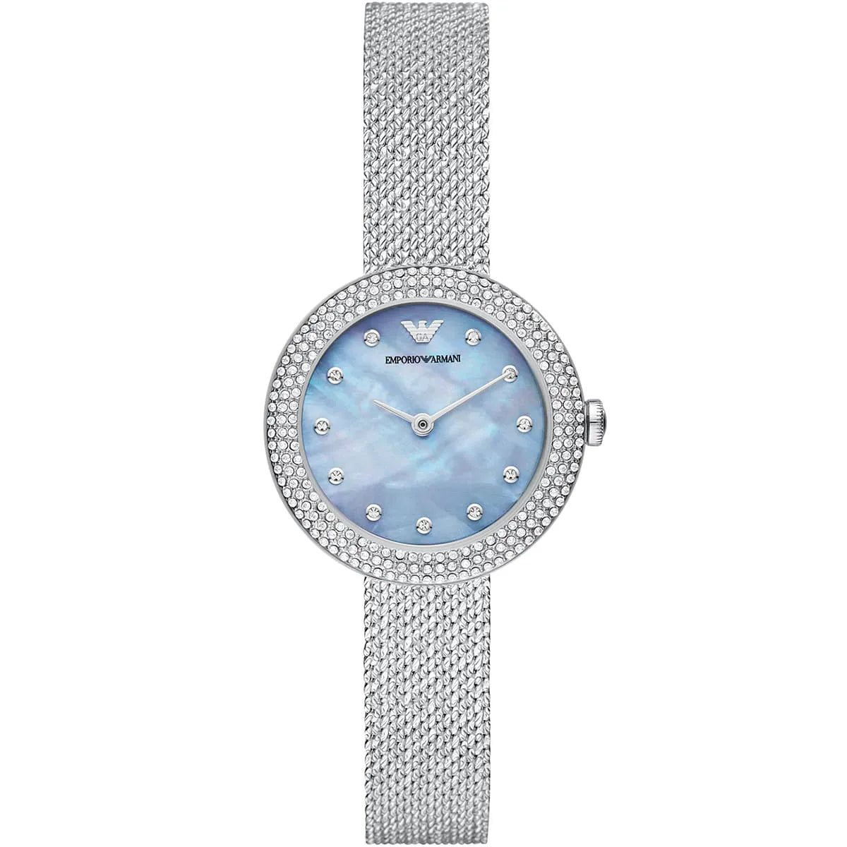 Emporio Armani Rosa AR11380 women watch with silver round case blue mother of pearl dial and mesh strap