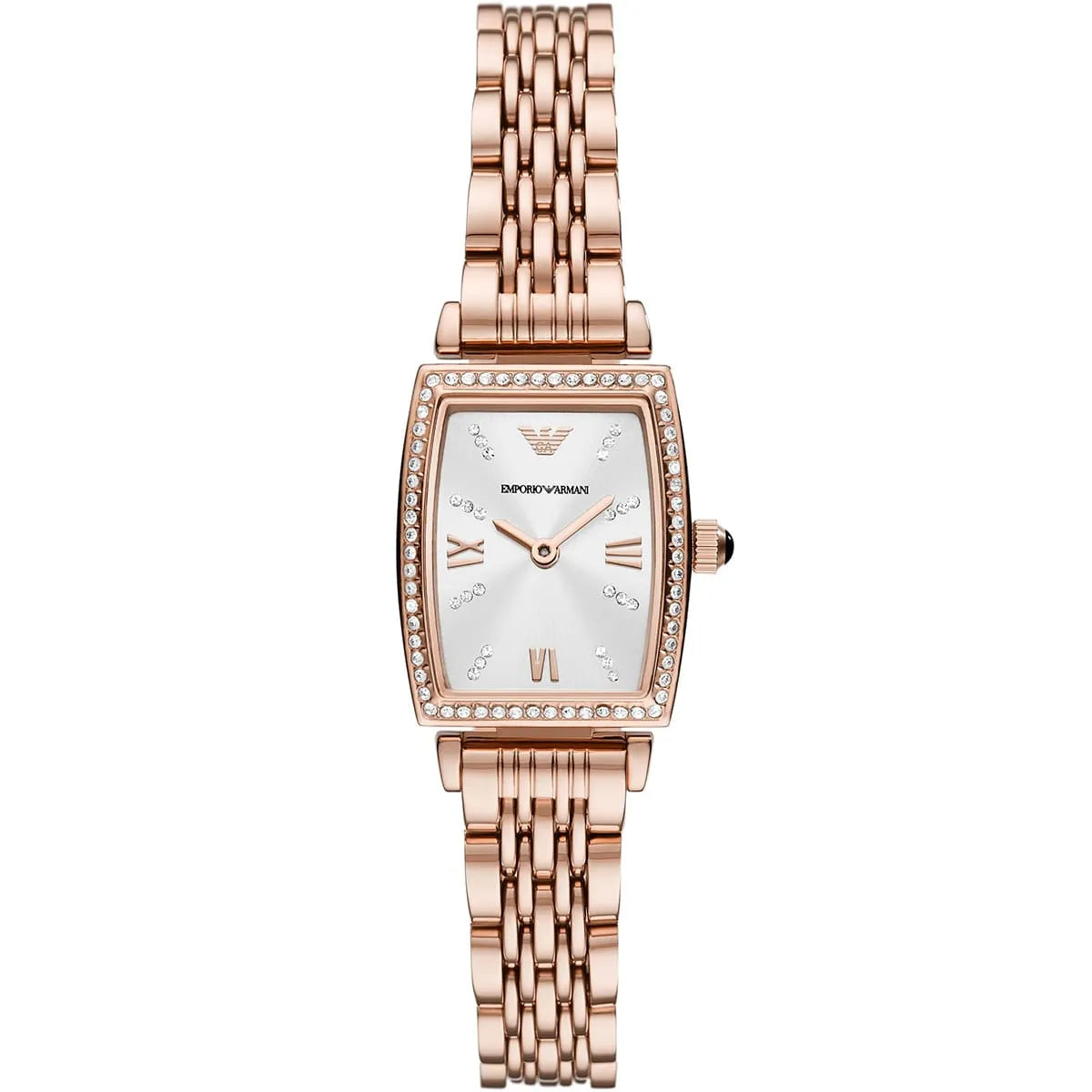 Emporio Armani Gianni T-Bar AR11406 women watch with rose gold rectangular case and crystal bezel