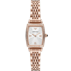 Emporio Armani Gianni T-Bar AR11406 women watch with rose gold rectangular case and crystal bezel