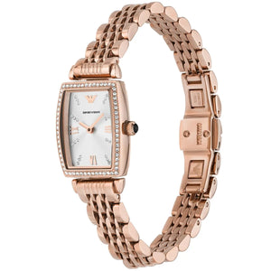 Right side profile view of the slim 7mm rose gold-tone case on the Emporio Armani AR11406