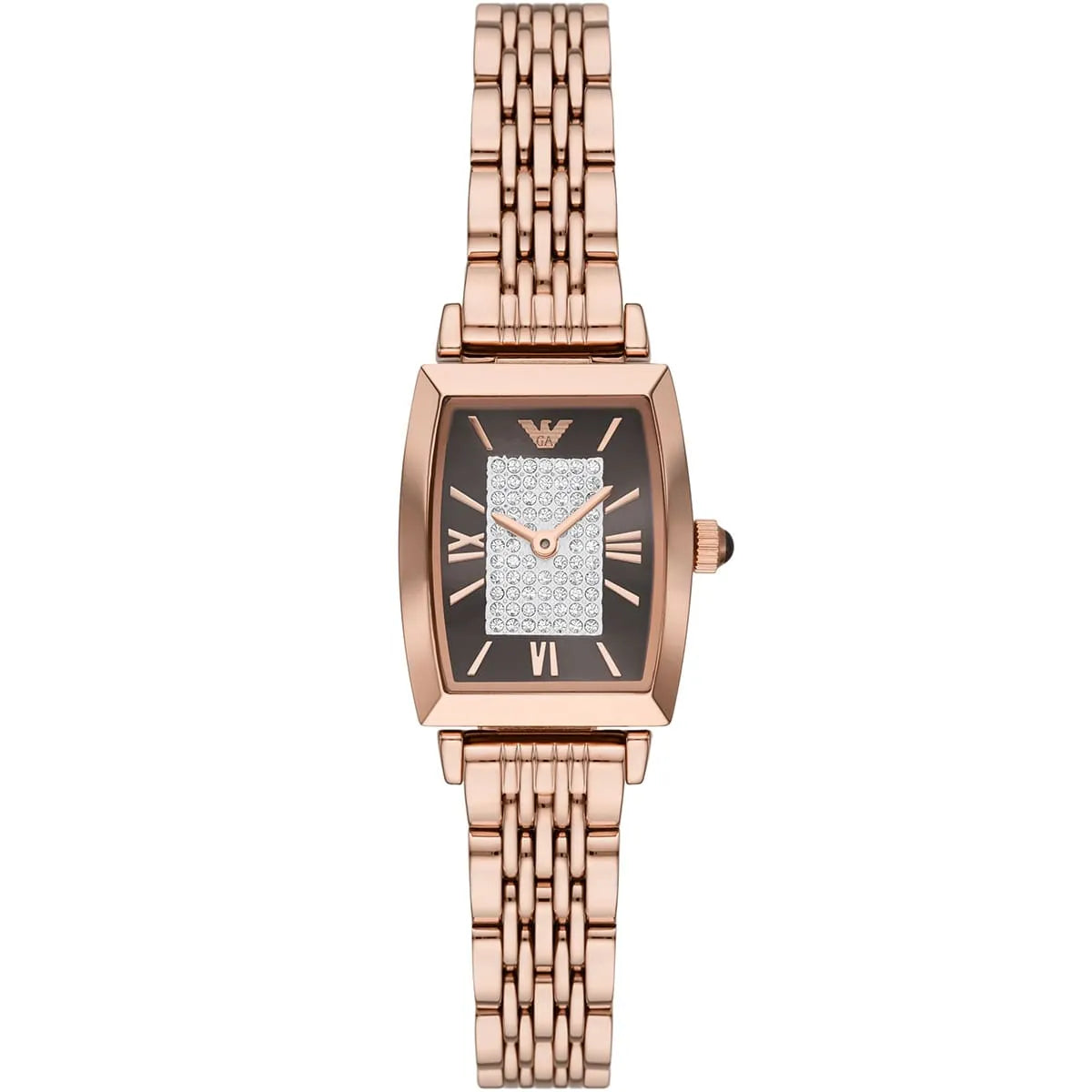 Emporio Armani Gianni T-Bar AR11407 women watch with rose gold rectangular case and brown crystal pave dial