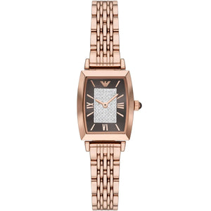 Emporio Armani Gianni T-Bar AR11407 women watch with rose gold rectangular case and brown crystal pave dial