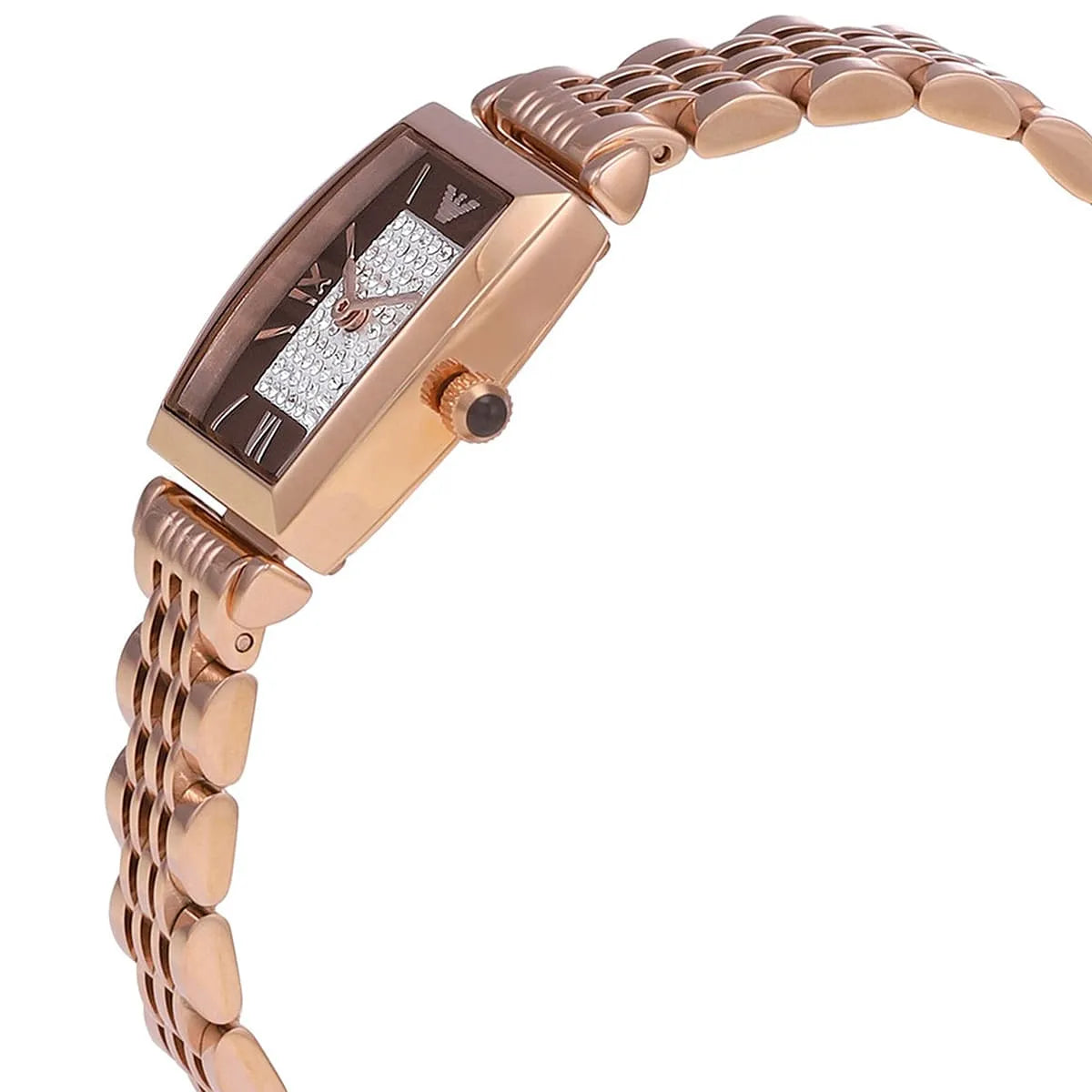 Right side profile view of the slim 7mm rose gold-tone case on the Emporio Armani AR11407