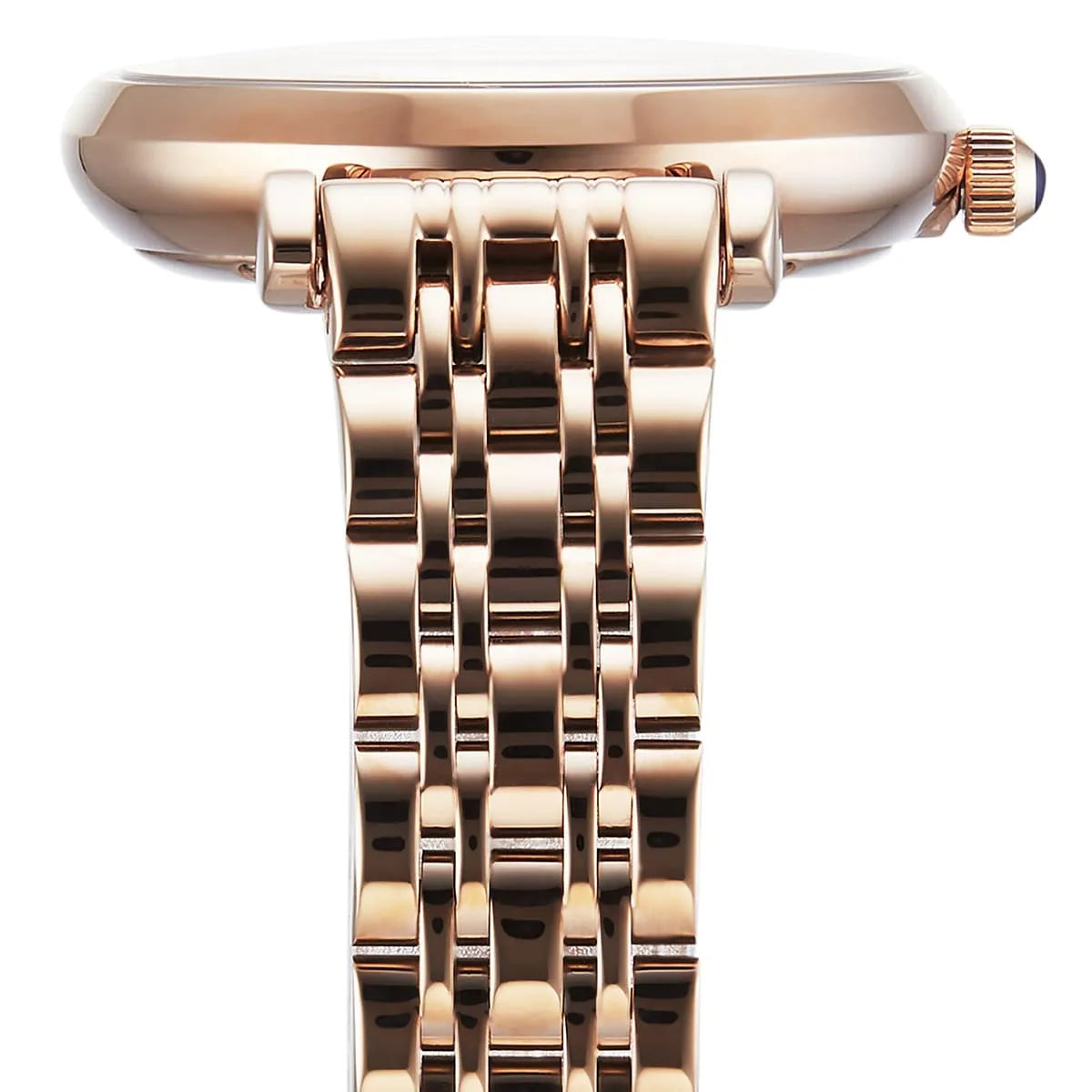 Angled view of the Armani AR11423 showcasing the crystal dial and rose gold finish