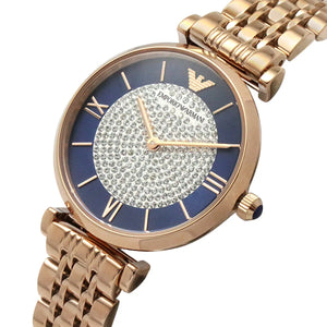 Angled view of the Armani AR11423 showcasing the crystal dial and rose gold finish