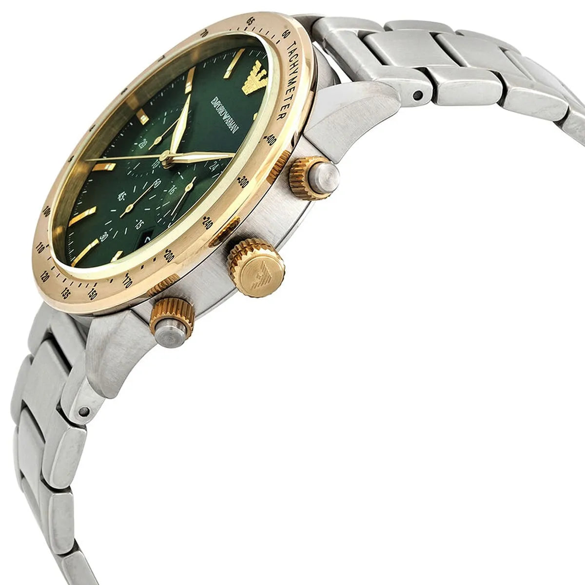 Close-up shot of Emporio Armani AR11454 green dial with gold hands and indices