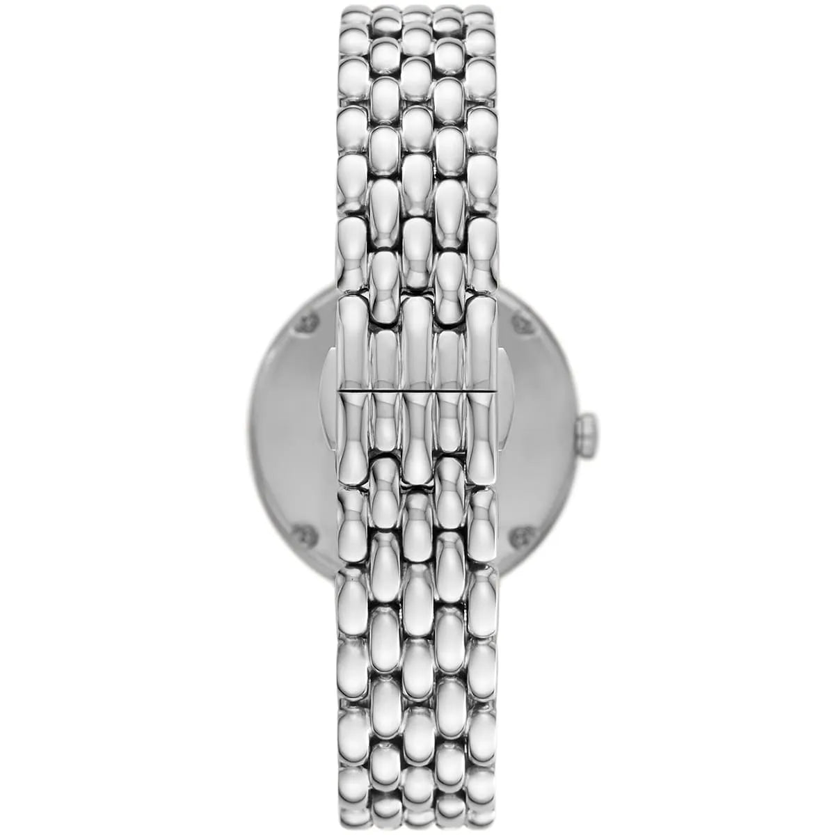 Inside view of the secure folding clasp on the Emporio Armani women's silver watch