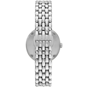 Inside view of the secure folding clasp on the Emporio Armani women's silver watch
